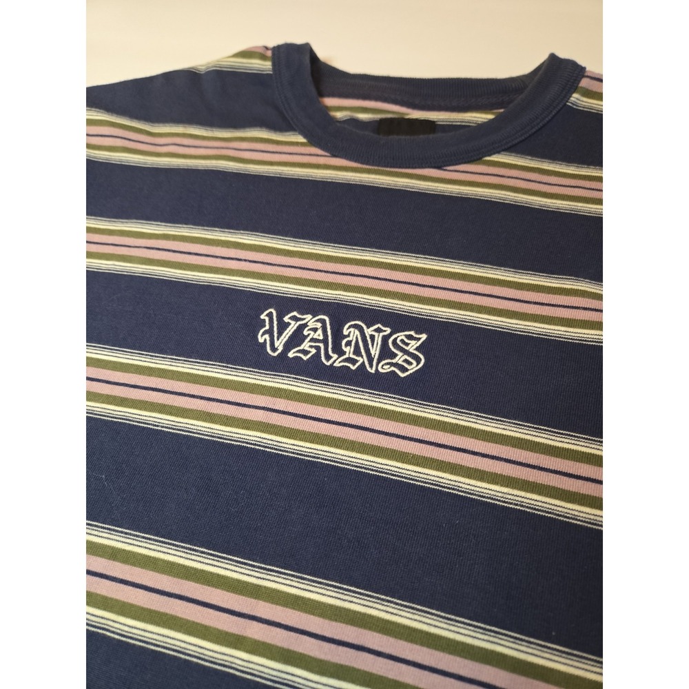 Vans Striped Shirt Mens Medium Loose Fit Navy Tan Embroidered Logo Y2K Heavy - Picture 2 of 4